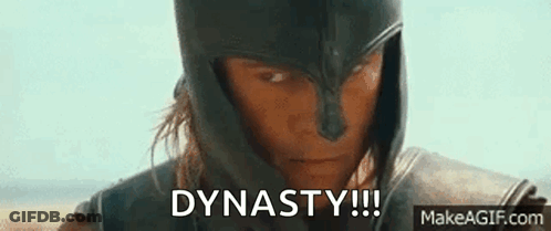 A Man Wearing A Helmet And Armor Says Dynasty !!! GIF