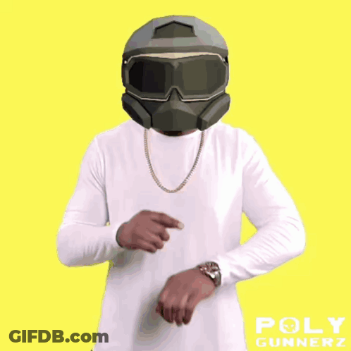A Man Wearing A Helmet And Goggles Looks At His Watch With The Words Game Time Poly Gunnerz Below Him GIF