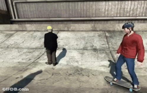 A Man Wearing A Helmet Rides A Skateboard Next To Another Man GIF