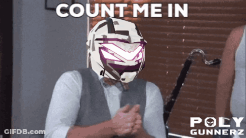 A Man Wearing A Helmet That Says Poly Gunnerz GIF