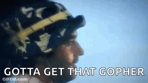 A Man Wearing A Helmet With The Words Gotta Get That Gopher Written On It . GIF