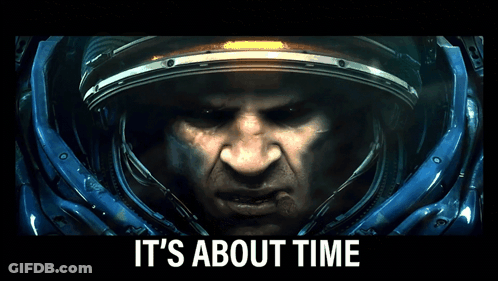 A Man Wearing A Helmet With The Words " It 'S About Time " Below It GIF