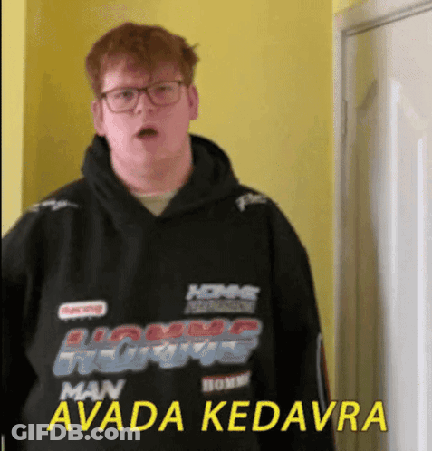 A Man Wearing A Hoodie That Says Man Avada Kedavra On It GIF