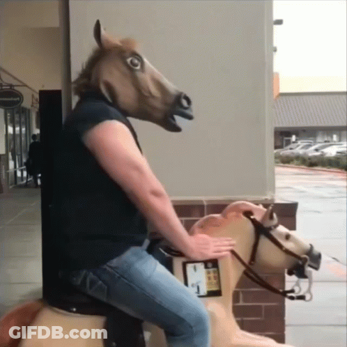 A Man Wearing A Horse Mask Is Riding A Toy Horse GIF