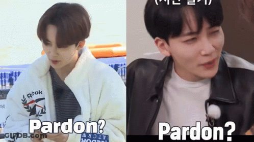 A Man Wearing A Jacket That Says Pardon Next To Another Man GIF