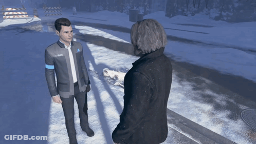 A Man Wearing A Jacket That Says Rk800 Stands Next To Another Man GIF