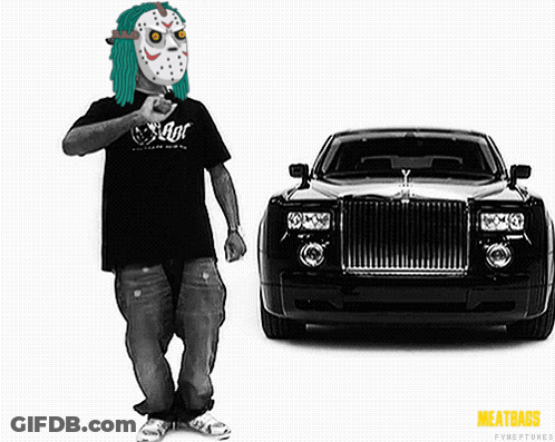 A Man Wearing A Jason Voorhees Mask Standing Next To A Rolls Royce GIF