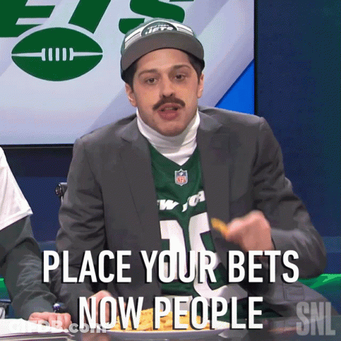 A Man Wearing A Jets Jersey Says Place Your Bets Now People On Snl GIF