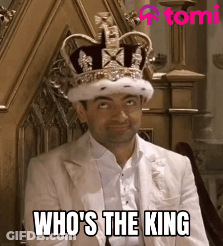A Man Wearing A King 'S Crown Is Sitting On A Throne And Says Who 'S The King GIF