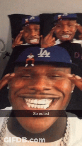 A Man Wearing A La Hat Is Smiling And Has The Word So Exited On His Face GIF