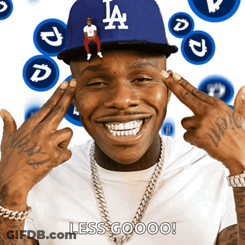 A Man Wearing A La Hat Is Smiling With His Hands On His Head GIF