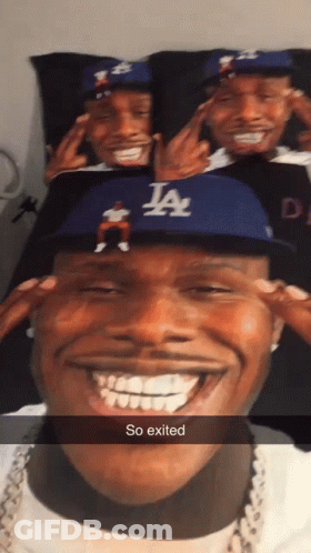 A Man Wearing A La Hat Is Smiling With The Words So Exited Above Him GIF