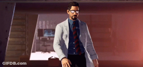 A Man Wearing A Lab Coat And Tie Is Standing In A Room . GIF