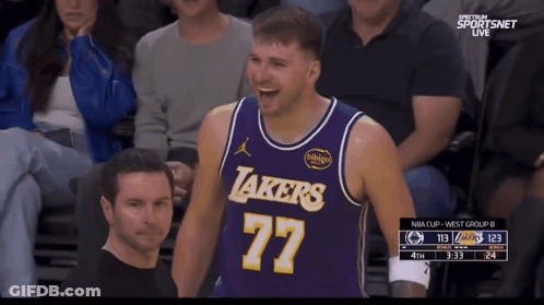 A Man Wearing A Lakers Jersey Is Laughing GIF