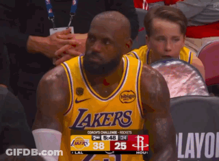A Man Wearing A Lakers Jersey Sits In The Stands Watching A Game GIF