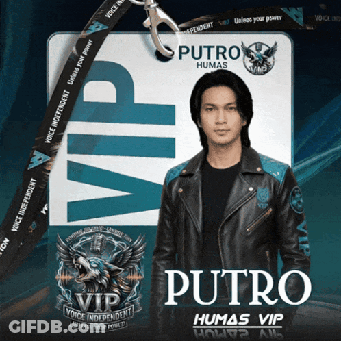 A Man Wearing A Leather Jacket And A Name Tag That Says Putro Humas Vip GIF