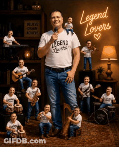 A Man Wearing A Legend Lovers T-Shirt Is Surrounded By Smaller Men GIF
