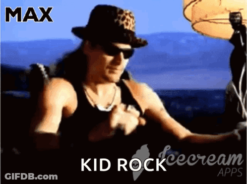 A Man Wearing A Leopard Print Hat And Sunglasses Is Sitting In A Chair With The Words Max Kid Rock Icecream Apps Below H GIF
