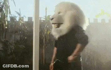 A Man Wearing A Lion Mask Is Standing In Front Of A Window And Smoking A Cigarette . GIF