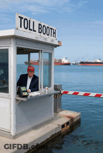 A Man Wearing A Maga Hat Stands In A Toll Booth GIF