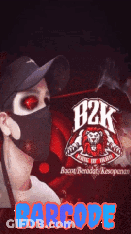 A Man Wearing A Mask And A Hat With The B2k Logo Behind Him GIF