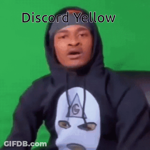 A Man Wearing A Mask And A Hoodie With The Words `` Discord Yellow '' On It . GIF