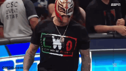 A Man Wearing A Mask And A T-Shirt That Says Nwo GIF