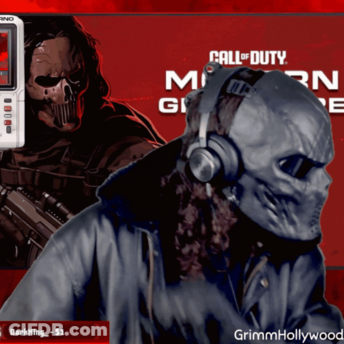 A Man Wearing A Mask And Headphones Stands In Front Of A Call Of Duty Logo GIF