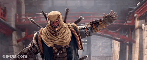 A Man Wearing A Mask And Holding A Sword Is Standing In Front Of A Bridge In A Video Game . GIF