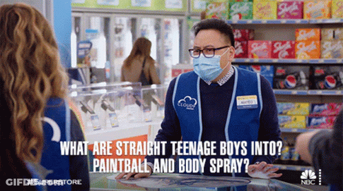 A Man Wearing A Mask Asks What Are Straight Teenage Boys Into Paintball Body Spray GIF