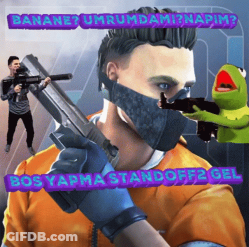 A Man Wearing A Mask Is Holding A Gun With A Kermit The Frog Behind Him GIF