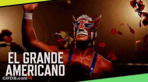 A Man Wearing A Mask With The Words El Grande Americano Written On It GIF