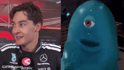 A Man Wearing A Mercedes Jersey Next To A Blue Monster With One Eye GIF