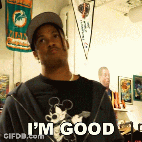A Man Wearing A Mickey Mouse Shirt And A Hat Says I 'M Good GIF