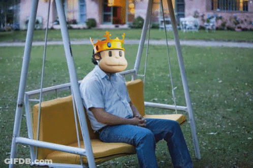 A Man Wearing A Monkey Mask And A Crown Is Sitting On A Swing GIF