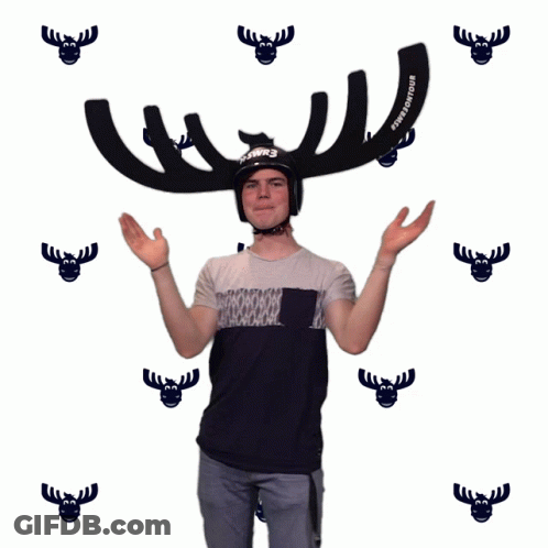 A Man Wearing A Moose Hat That Says ' Rswr3 ' On It GIF