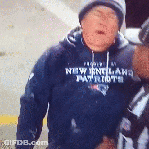 A Man Wearing A New England Patriots Sweatshirt Is Talking To A Referee . GIF