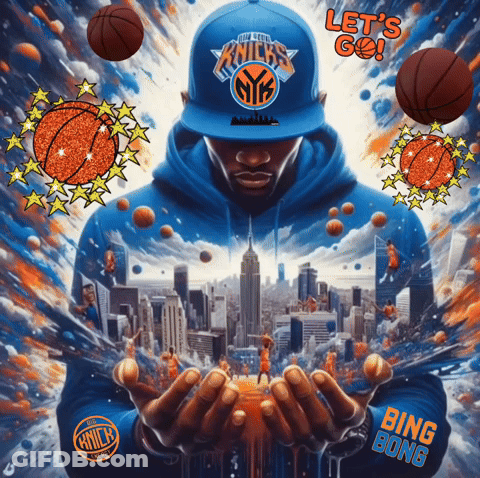 A Man Wearing A New York Knicks Hat Is Surrounded By Basketballs GIF