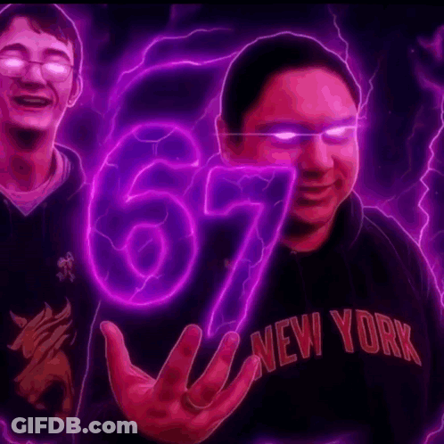 A Man Wearing A New York Shirt Holds Up A Purple Number 67 GIF
