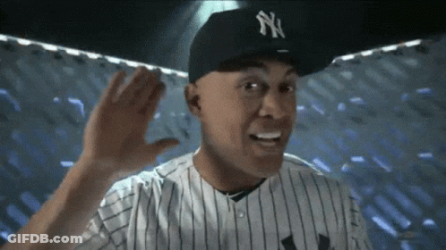 A Man Wearing A Ny Hat And A Striped Shirt GIF