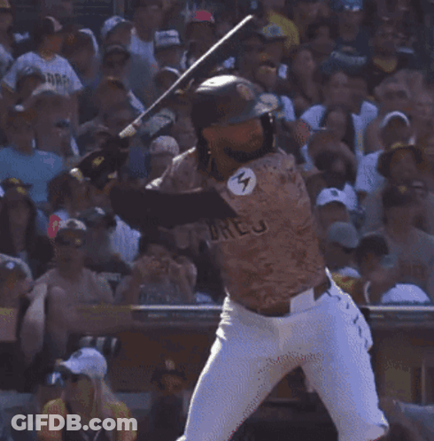 A Man Wearing A Padres Jersey Stands In A Crowd GIF