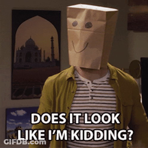 A Man Wearing A Paper Bag On His Head Says Does It Look Like I 'M Kidding GIF