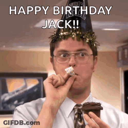 A Man Wearing A Party Hat Is Eating A Cupcake With The Caption Happy Birthday Jack ! GIF