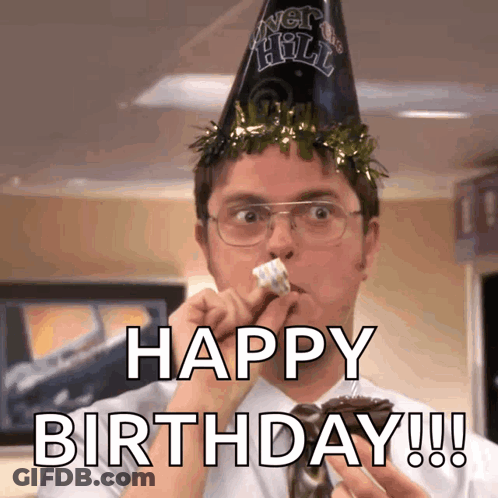 A Man Wearing A Party Hat Is Eating A Piece Of Cake With The Words Happy Birthday Written Below Him GIF