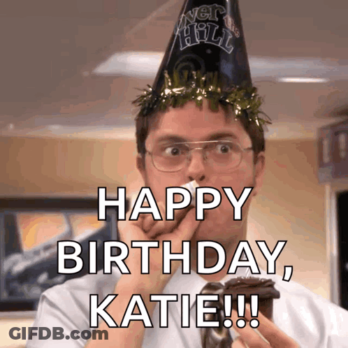 A Man Wearing A Party Hat Is Holding A Cupcake And Wishing Katie A Happy Birthday GIF