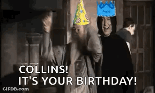 A Man Wearing A Party Hat Is Standing Next To Another Man Wearing A Birthday Hat . GIF