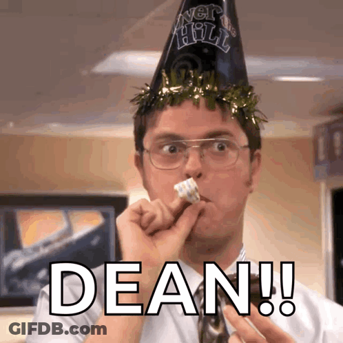A Man Wearing A Party Hat Says Dean GIF