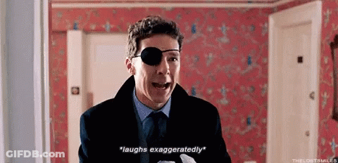 A Man Wearing A Patch On His Eye Is Laughing Exasperatedly . GIF