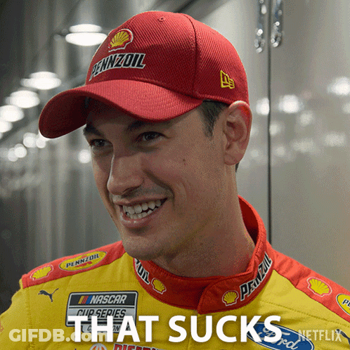 A Man Wearing A Pennzoil Hat Is Smiling And Says That Sucks GIF