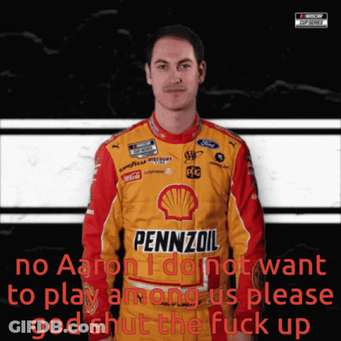 A Man Wearing A Pennzoil Jacket Is Standing In Front Of A Black And White Background GIF